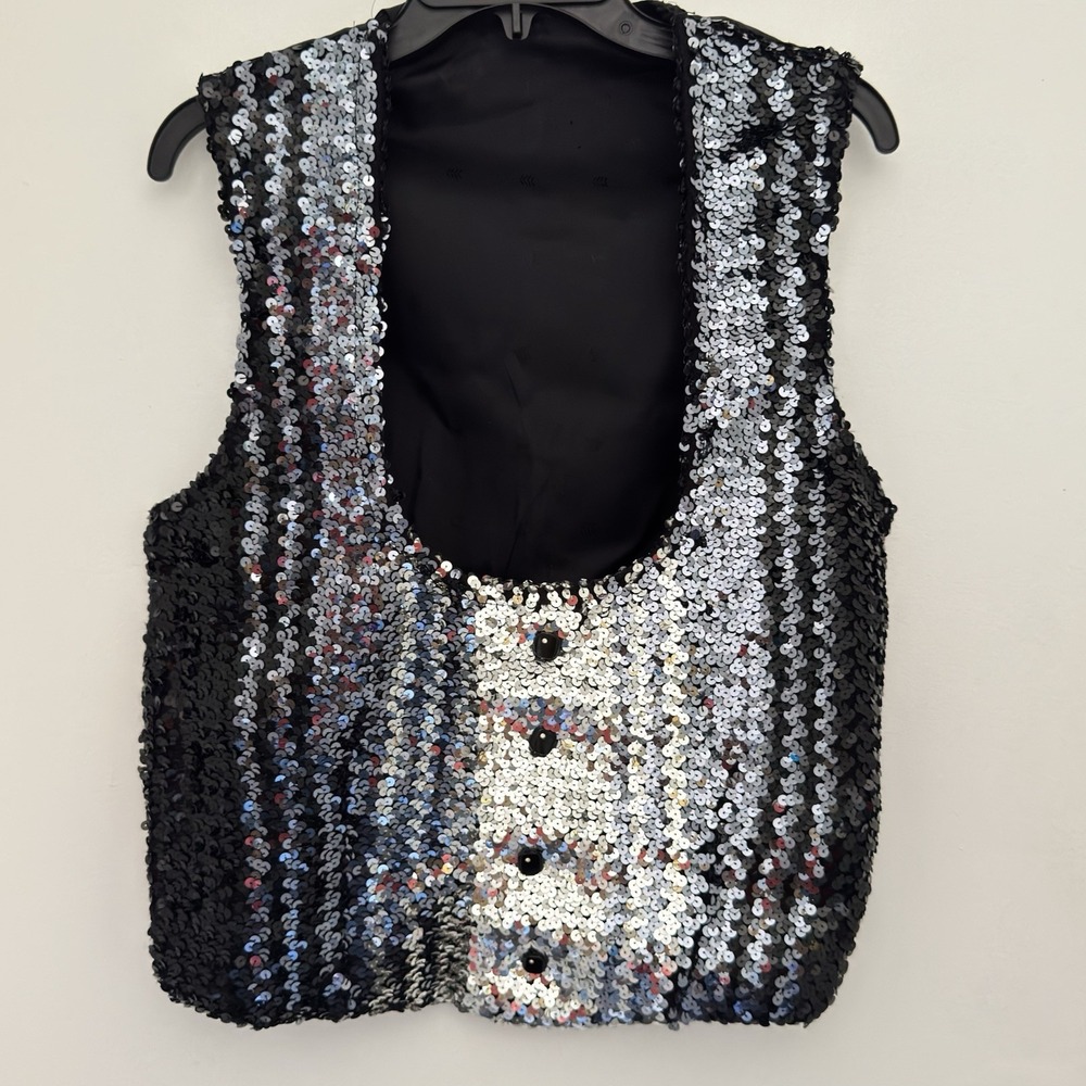 ALL IN MOTION Womens M Black Silver Sequin Vest Scoop Neck Party Choir Waistcoat